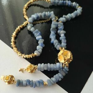 Vintage Lariat Necklace Blue Quartz Chips Beads 20" Gold Tone floral